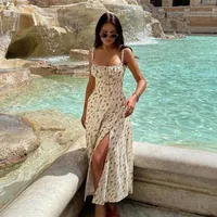 Women's Adults Lotus Leaf Skirt Princess Wind Fresh And Sweet Boat Neck Pullovers High Quality, Fishbone, Lining, Sling, Slit, Flounced Skirt Sleeveless Plant Flowers Midi Dress Casual Date Lawn main image 4