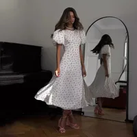 Women's Adults A- Line Skirt Elegant Round Neck Basic Model Slit Dress Short Sleeve Floral Print Maxi Long Dress Birthday Date main image 1
