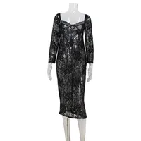 Women's Adults One-Step Skirt European And American Wind Streetwear U Neck Basic Model See-Through Long Sleeve Printing Midi Dress Party Stage main image 2