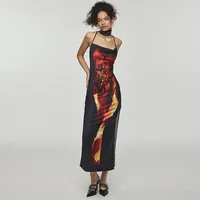 Women's Adults One-Step Skirt European And American Wind Streetwear Half-open Collar Basic Model Printing Sleeveless Flame Printing Maxi Long Dress Banquet Stage Street main image 1