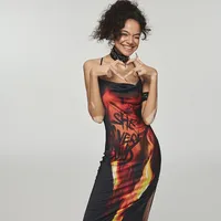 Women's Adults One-Step Skirt European And American Wind Streetwear Half-open Collar Basic Model Printing Sleeveless Flame Printing Maxi Long Dress Banquet Stage Street main image 2