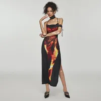 Women's Adults One-Step Skirt European And American Wind Streetwear Half-open Collar Basic Model Printing Sleeveless Flame Printing Maxi Long Dress Banquet Stage Street main image 3