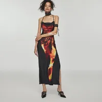Women's Adults One-Step Skirt European And American Wind Streetwear Half-open Collar Basic Model Printing Sleeveless Flame Printing Maxi Long Dress Banquet Stage Street main image 5