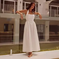 Women's Adults A- Line Skirt Temperament Commuter Intellectual Style Basic Model Square Neck Pleated Sleeveless Solid Color Midi Dress Anniversary Date main image 5