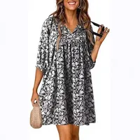 Women's Adults A- Line Skirt Temperament Commuter Commute Style V Neck Pullovers 3D/Stereo Pattern 3/4 Length Sleeve Plant Flowers Knee-Length Casual main image 1