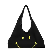 Women's Cloth Smiley Face Cute Embroidery Shopping Bag Type Magnetic Buckle Shoulder Bag Tote Bag sku image 1