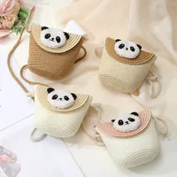 Women's Straw Panda Vacation Round Bucket Zipper Straw Bag main image 2