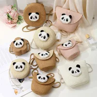 Women's Straw Panda Vacation Round Bucket Zipper Straw Bag main image 1