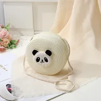Women's Straw Panda Vacation Round Bucket Zipper Straw Bag sku image 1