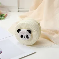 Women's Straw Panda Vacation Round Bucket Zipper Straw Bag sku image 6