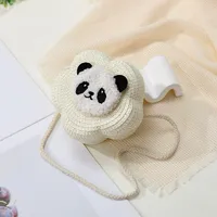 Women's Straw Panda Vacation Round Bucket Zipper Straw Bag sku image 10