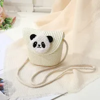 Women's Straw Panda Vacation Round Bucket Zipper Straw Bag sku image 11
