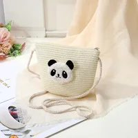 Women's Straw Panda Vacation Round Bucket Zipper Straw Bag sku image 26
