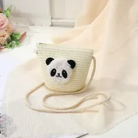 Women's Straw Panda Vacation Round Bucket Zipper Straw Bag sku image 2