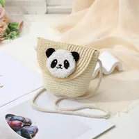 Women's Straw Panda Vacation Round Bucket Zipper Straw Bag sku image 12