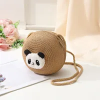 Women's Straw Panda Vacation Round Bucket Zipper Straw Bag sku image 23