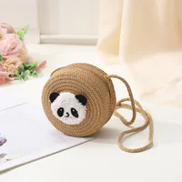 Women's Straw Panda Vacation Round Bucket Zipper Straw Bag sku image 7