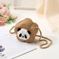 Women's Straw Panda Vacation Round Bucket Zipper Straw Bag sku image 13
