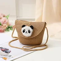 Women's Straw Panda Vacation Round Bucket Zipper Straw Bag sku image 34