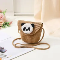 Women's Straw Panda Vacation Round Bucket Zipper Straw Bag sku image 14