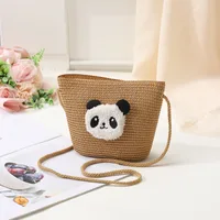Women's Straw Panda Vacation Round Bucket Zipper Straw Bag sku image 28