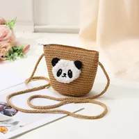 Women's Straw Panda Vacation Round Bucket Zipper Straw Bag sku image 3