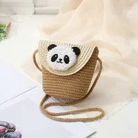 Women's Straw Panda Vacation Round Bucket Zipper Straw Bag sku image 15