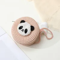 Women's Straw Panda Vacation Round Bucket Zipper Straw Bag sku image 8