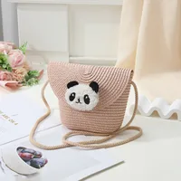 Women's Straw Panda Vacation Round Bucket Zipper Straw Bag sku image 35