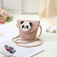 Women's Straw Panda Vacation Round Bucket Zipper Straw Bag sku image 17