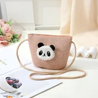 Women's Straw Panda Vacation Round Bucket Zipper Straw Bag sku image 30