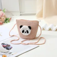 Women's Straw Panda Vacation Round Bucket Zipper Straw Bag sku image 4