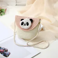 Women's Straw Panda Vacation Round Bucket Zipper Straw Bag sku image 18