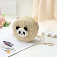 Women's Straw Panda Vacation Round Bucket Zipper Straw Bag sku image 31