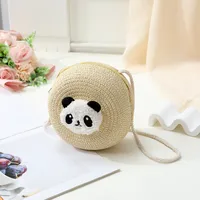 Women's Straw Panda Vacation Round Bucket Zipper Straw Bag sku image 25