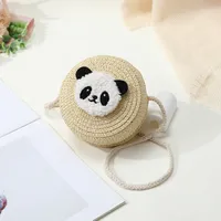 Women's Straw Panda Vacation Round Bucket Zipper Straw Bag sku image 9