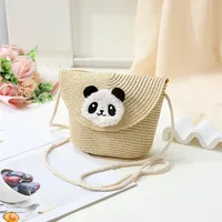 Women's Straw Panda Vacation Round Bucket Zipper Straw Bag sku image 36