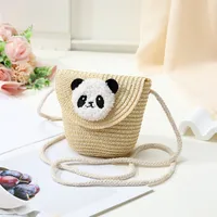 Women's Straw Panda Vacation Round Bucket Zipper Straw Bag sku image 20