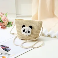 Women's Straw Panda Vacation Round Bucket Zipper Straw Bag sku image 32