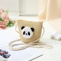 Women's Straw Panda Vacation Round Bucket Zipper Straw Bag sku image 5