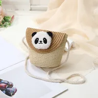 Women's Straw Panda Vacation Round Bucket Zipper Straw Bag sku image 21
