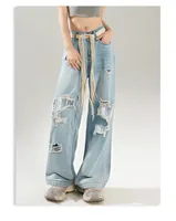 Women's Daily Casual Hip-Hop Solid Color Full Length Raw Hem Ripped Belt Wide Leg Pants sku image 5