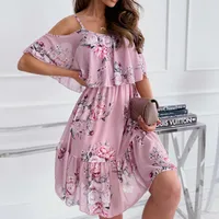 Women's Chiffon Dress Elegant Sweet Scoop Strapless Short Sleeve 3D Print Knee-Length Holiday Beach sku image 11