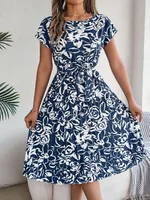 Women's Swing Dress Casual Elegant Round Neck Belt Short Sleeve 3D Print Knee-Length Holiday Daily sku image 7