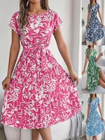 Women's Swing Dress Casual Elegant Round Neck Belt Short Sleeve 3D Print Knee-Length Holiday Daily main image 2