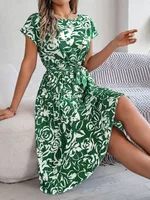 Women's Swing Dress Casual Elegant Round Neck Belt Short Sleeve 3D Print Knee-Length Holiday Daily main image 5
