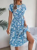 Women's Swing Dress Casual Elegant Round Neck Belt Short Sleeve 3D Print Knee-Length Holiday Daily main image 6