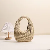 Women's Paper Solid Color Vacation Weave Hollow Dumpling Shape Zipper Straw Bag main image 4