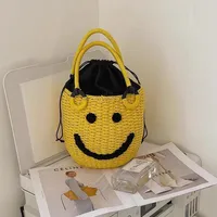Women's Small Straw Smiley Face Vacation Weave Bucket String Bucket Bag main image 4