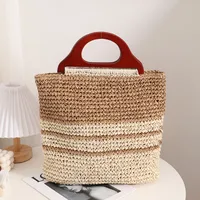 Women's Straw Color Block Stripe Vacation Weave Square Zipper Straw Bag main image 3